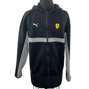 Ferrari PUMA Mens Black Gray Front Zip Long Sleeve Hooded Jacket w/ Pockets Sz S